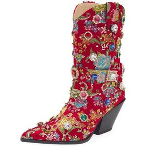 👉 Red Flower Embroidered Rhinestone Mid Calf Pointed Toe Chunky Heel Cowgirl